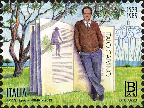 Francobollo Italo Calvino Appoggiato sulle Pagine di un Libro, il Romanzo "Il Barone Rampante" -  2023