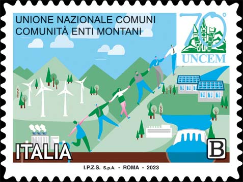 Francobollo Paesaggio Montano e Persone che si Tengono per Mano -  2023