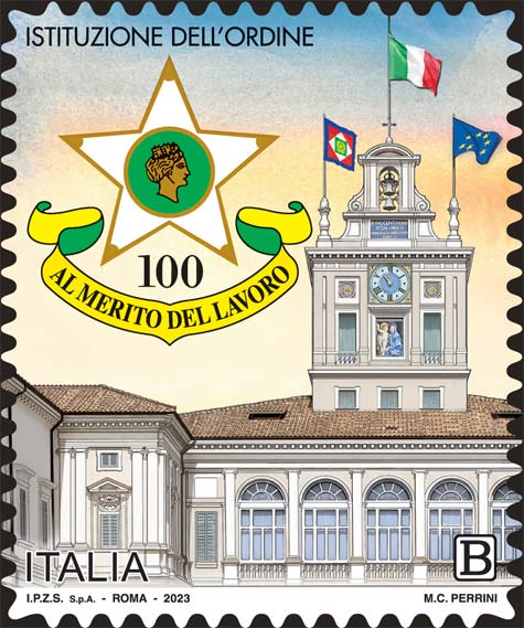 Francobollo Cortile e Torrino del Quirinale e Logo dell'Anniversario della Stella al Merito del Lavoro -  2023