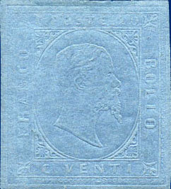 Francobollo Effigie di Vittorio Emanuele II Volta a Destra, a Secco su Carta Colorata -  1853