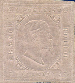 Francobollo Effigie di Vittorio Emanuele II Volta a Destra, a Secco su Carta Colorata -  1853