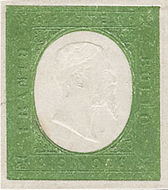 Francobollo Effigie di Vittorio Emanuele II Volta a Destra, a Secco in Ovale Bianco -  1854