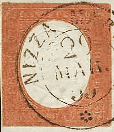 Francobollo Effigie di Vittorio Emanuele II Volta a Destra, a Secco in Ovale Bianco -  1854