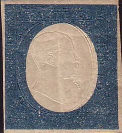 Francobollo Effigie di Vittorio Emanuele II Volta a Destra, a Secco in Ovale Bianco -  1854