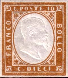 Francobollo Effigie di Vittorio Emanuele II Volta a Destra -  1855