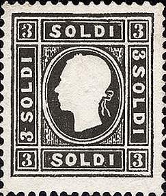 Francobollo Effigie di Francesco Giuseppe Volta a Sinistra, in Rilievo - Nero -  1858