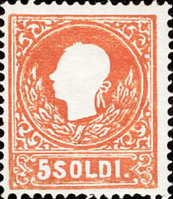 Francobollo Effigie di Francesco Giuseppe Volta a Sinistra, in Rilievo -  1858