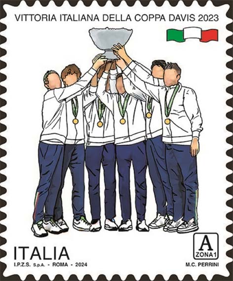 Francobollo Squadra Italiana Maschile di Tennis Alza la Coppa Davis -  2024