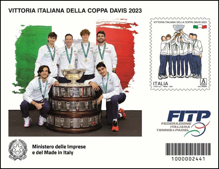 Francobollo Squadra Italiana Maschile di Tennis Alza la Coppa Davis (Blocco Foglietto) -  2024