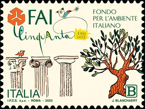 Francobollo Colonne, Olivo e Uccellino Bifronte -  2025
