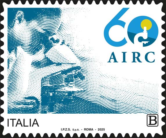 Francobollo Ricercatrice al Microscopio e Logo dell'AIRC -  2025
