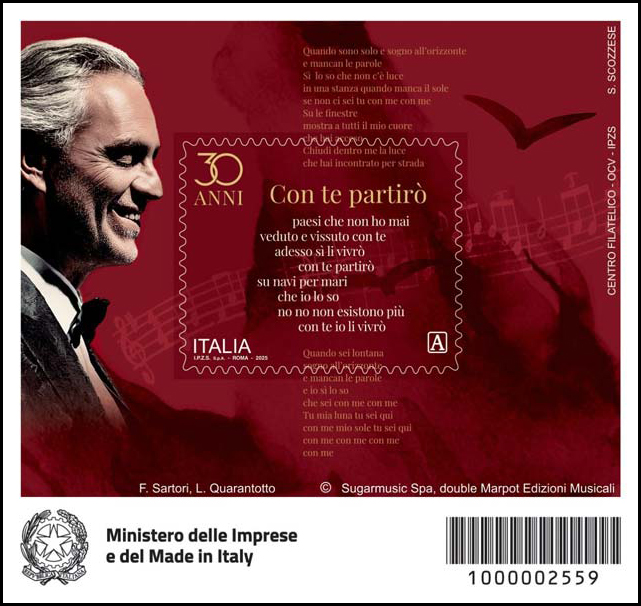 Francobollo Andrea Bocelli e Brano dalla Canzone "Con Te Partirò" -  2025