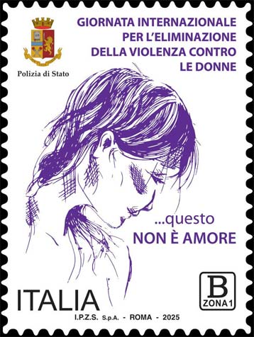 Francobollo Volto di una Donna con lo Sguardo Basso e con Segni di Violenza -  2025